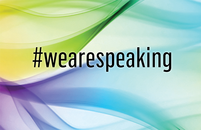 #wearespeaking text against colorful swooshes