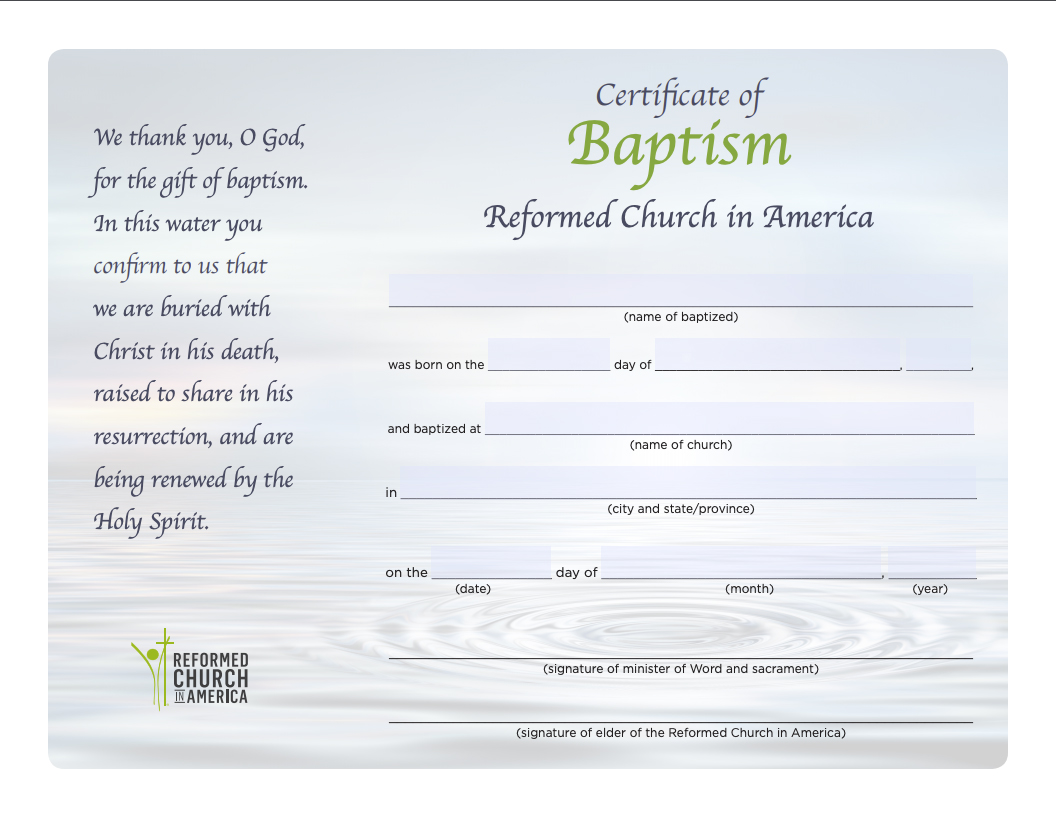 Forms and Certificates  Reformed Church in America Inside Christian Baptism Certificate Template