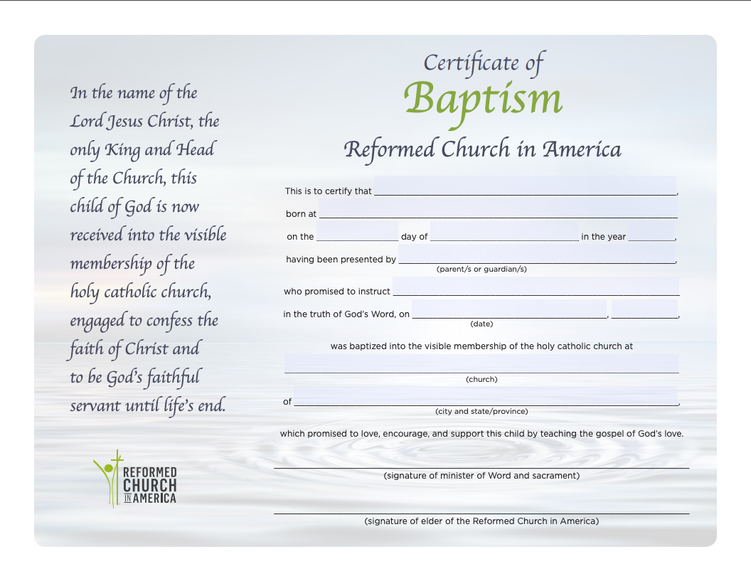 Forms and Certificates  Reformed Church in America Within Christian Baptism Certificate Template