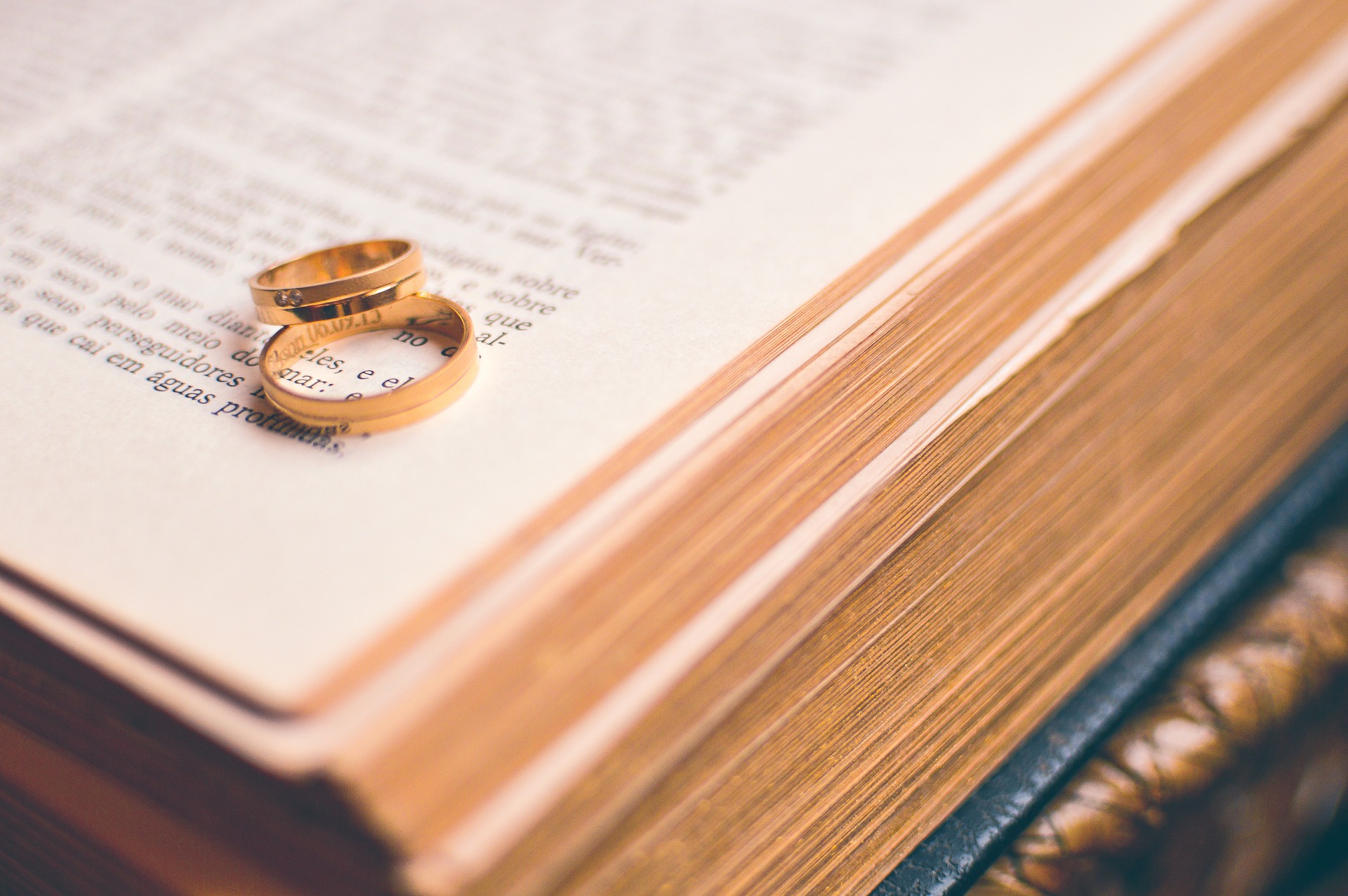 Duas alianças de casamento estão em cima de um livro aberto.
