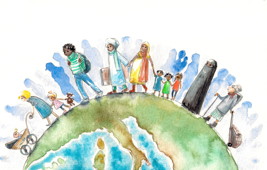 A watercolor painting depicts people seeking refuge across the globe.